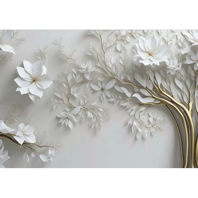 Elegancka fototapeta 3D z białymi kwiatami i złotymi akcentami - RAD9112005